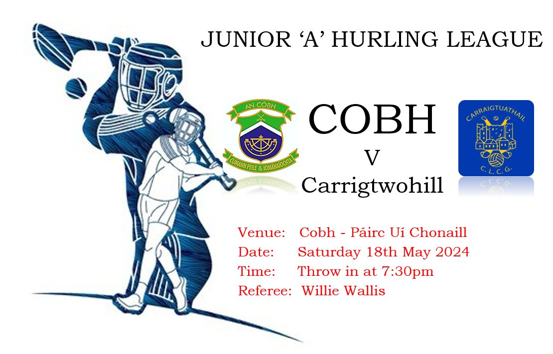 Change is starting time with Saturdays Junior 'A' Hurling match. Game will now start at 7:30pm and not 7:15pm