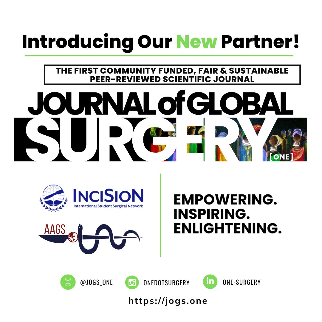 🔊🤝Excited to announce our new partnership with the peer reviewed Journal of Global Surgery (JoGS)🌍JoGS is open-access, low cost, with no author fees and a vision for equity! Learn more and submit now!📜 @jogs_one jogs.one #globalsurgery #SoMe4GS #JoGS