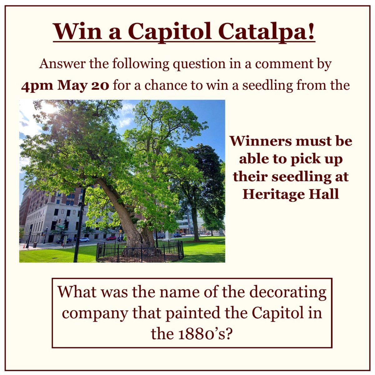 Bring home a living piece of Capitol history! Find the answer at mscexhibits.org and comment by 4pm May 20 for a chance to win a catalpa seedling. Winners will be selected at random from correct answers on Facebook and Twitter.