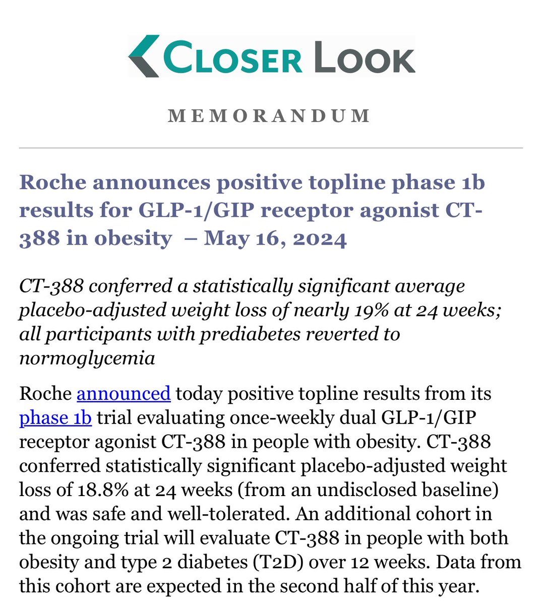 Roche releases top line results from Ph1b trial for obesity drug candidate CT-388 (GLP-1/GIP agonist): 💡100% resolution of prediabetes 💡~19% TBWL at 24 weeks Competition is heating up! 🔥