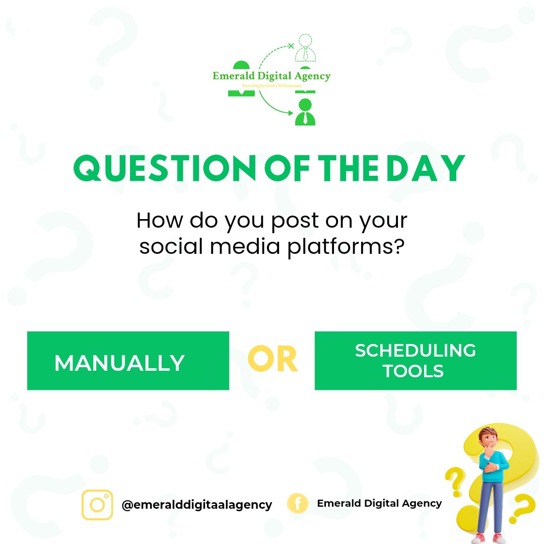 Emeralddigitals's tweet image. How do you post your content on social media?
.
Tell us in the comments section 👇
Happy weekend 🥳 
.
.
#weekend #questionoftheday #schedulingtools #socialmediamarketing #gametime #digitalmarketingagency #emeralddigitalagency