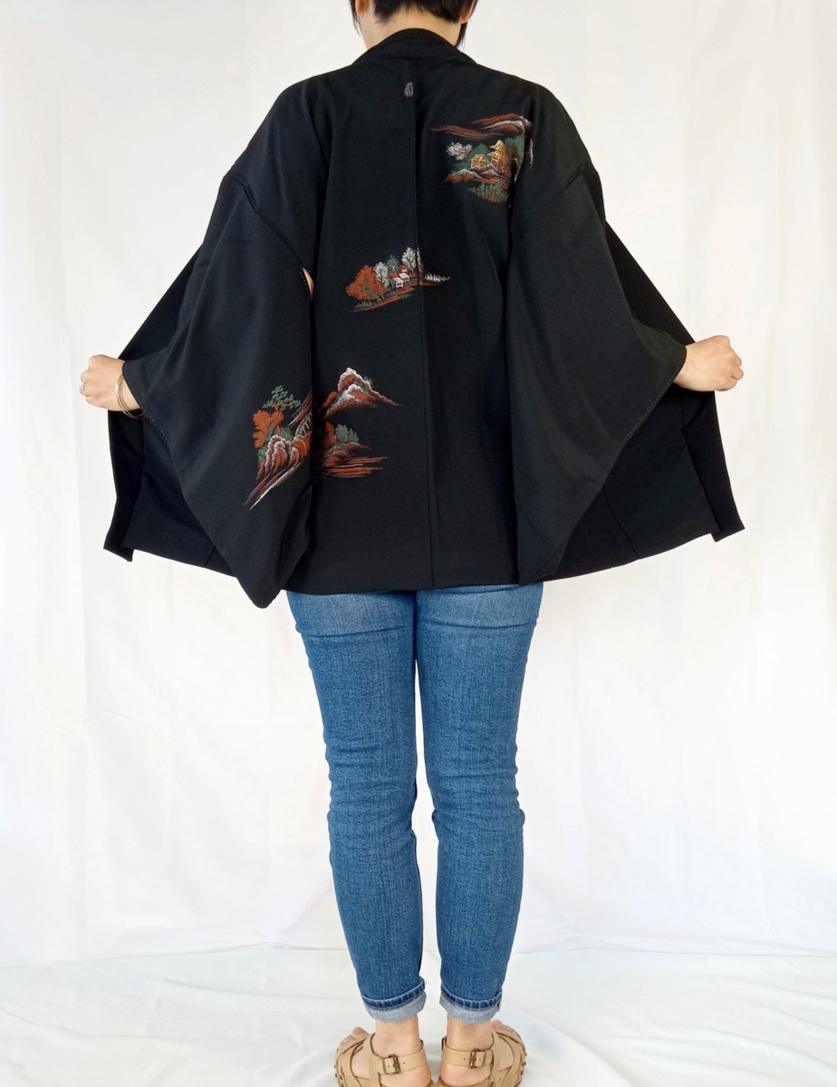 Black Silk Haori Kimono Jacket for Women with Embroidered Landscape Pattern, Vintage Japanese Silk Kimono Cardigan Size M etsy.me/452Fe9j #kimono #jacket #Japan #womensfashion #etsyvintage #etsylove #AtSocialMedia