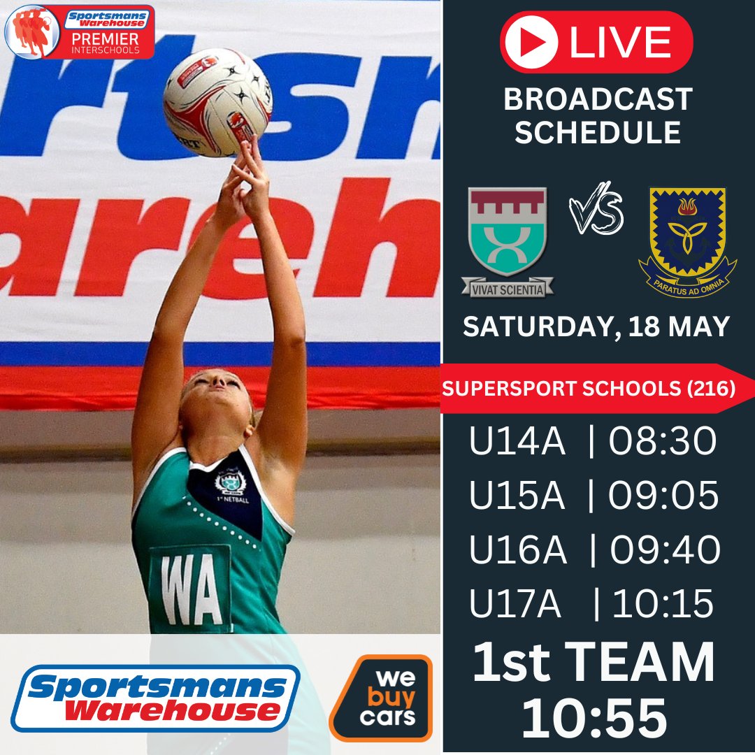 📢 LIVE Netball Broadcast Schedule⬇
👀 All the action LIVE on @ss_schools channel 216 this Saturday, 18 May with @stellenberghigh hosting @bellvillehs.
@SportsmansW  @WeBuyCars_SA