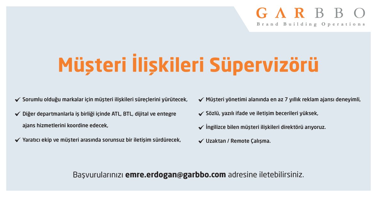 [İş İlanı] GARBBO, Müşteri İlişkileri Süpervizörü Arıyor! bigumigu.com/is-ilani/garbb… #kariyer #MüşteriİlişkileriSüpervizörü