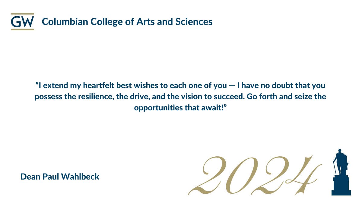 Dean Wahlbeck celebrates the accomplishments of our brand-new Master's Graduates. We can't wait to see what's in store for you next 💙🎓💛 #CCASOnward #GWCommencement #RaiseHigh #GWU