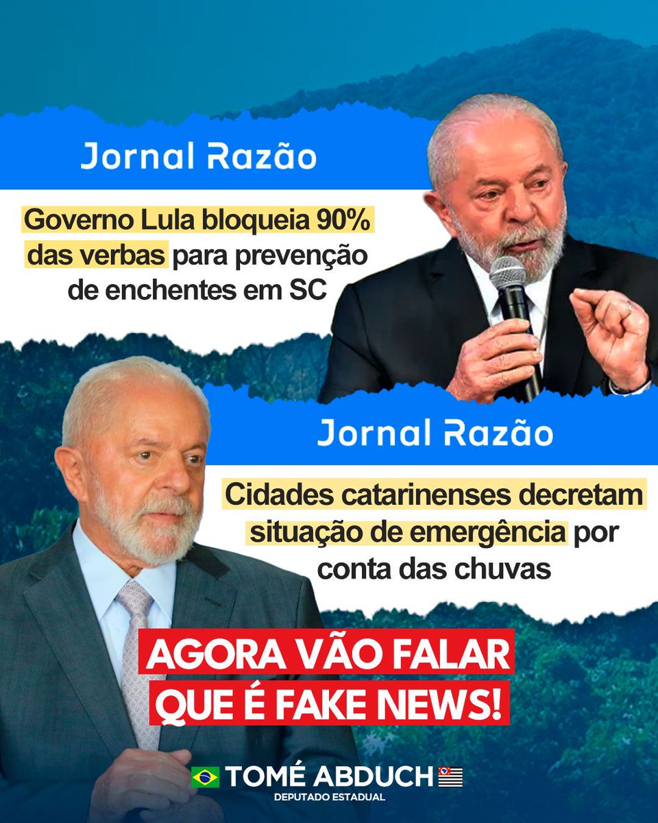 Cidades de Santa Catarina decretaram situação de emergência por conta das chuvas e o governo Lula bloqueou 90% da verba do estado catarinense para prevenção de desastres. Mais vidas em risco, pois o governo barrou recursos para prevenir esse tipo de tragédia. Qual a desculpa?