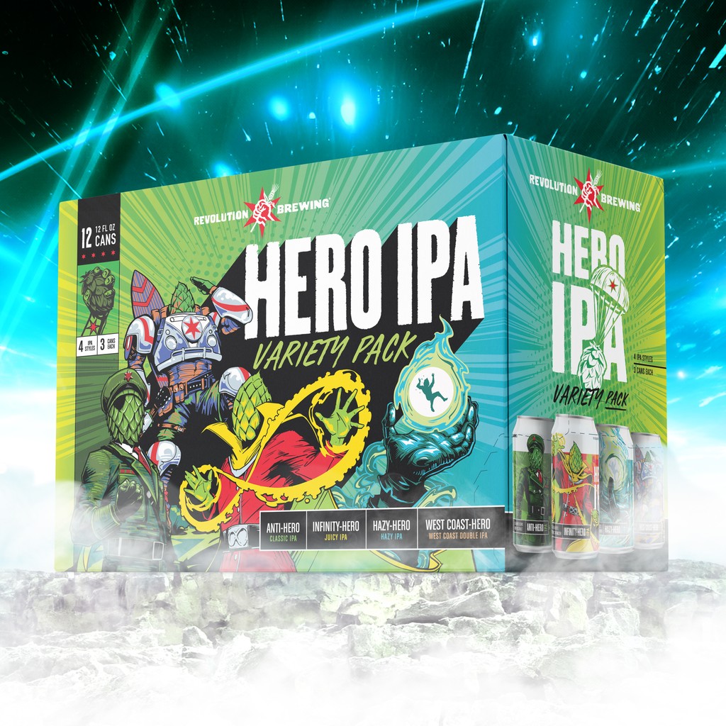 Soar into the weekend with Chicago's mightiest Heroes in one 12-pack. West Coast-Hero joins the team – a hop-packed Double IPA you can read the surf report through. Available now wherever you get your Revolution.