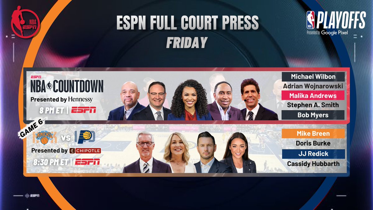 Friday, @ESPNNBA continues its coverage of the 2024 #NBAPlayoffs with a potential close-out Game 6 Eastern Conference Semifinal matchup 🏀8p ET | Countdown 🏀8:30p ET | #NewYorkForever vs. #BoomBaby 🎙️Mike Breen, @heydb, @jj_redick, @CassidyHubbarth