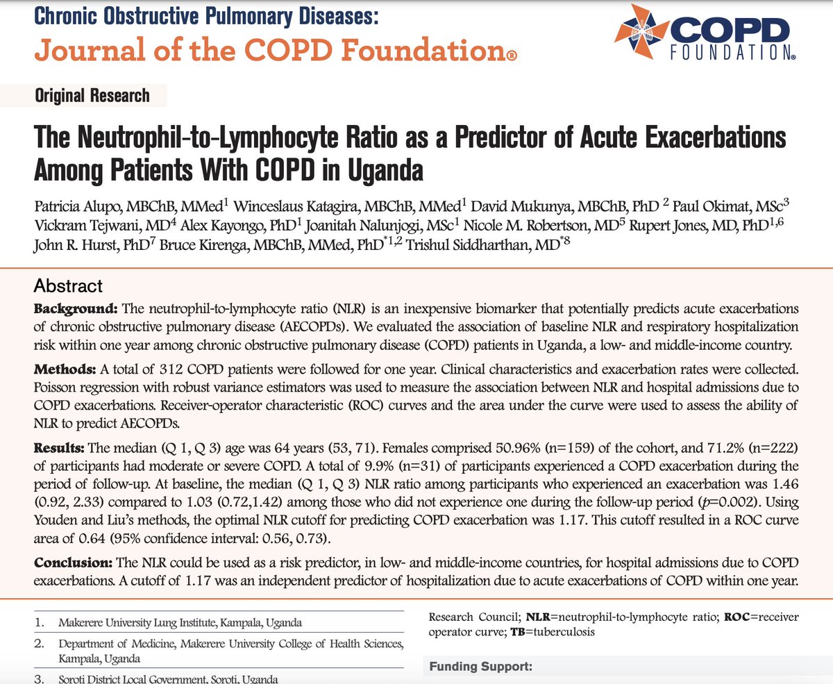 Nicole Robertson MD, MPH (@dr_robertson_md) on Twitter photo Congratulations <a href="/alupo_patricia/">Patricia Alupo</a>, <a href="/brucekirenga/">Bruce Kirenga</a>, <a href="/TrishulMD/">Trishul Siddharthan MD</a> & team on this new translational research to predict COPD exacerbations in Uganda. We found the neutrophil-to-lymphocyte ratio could be used as a risk predictor in LMICs for hospital admissions due to COPD exacerbations. Congratulations <a href="/alupo_patricia/">Patricia Alupo</a>, <a href="/brucekirenga/">Bruce Kirenga</a>, <a href="/TrishulMD/">Trishul Siddharthan MD</a> & team on this new translational research to predict COPD exacerbations in Uganda. We found the neutrophil-to-lymphocyte ratio could be used as a risk predictor in LMICs for hospital admissions due to COPD exacerbations.