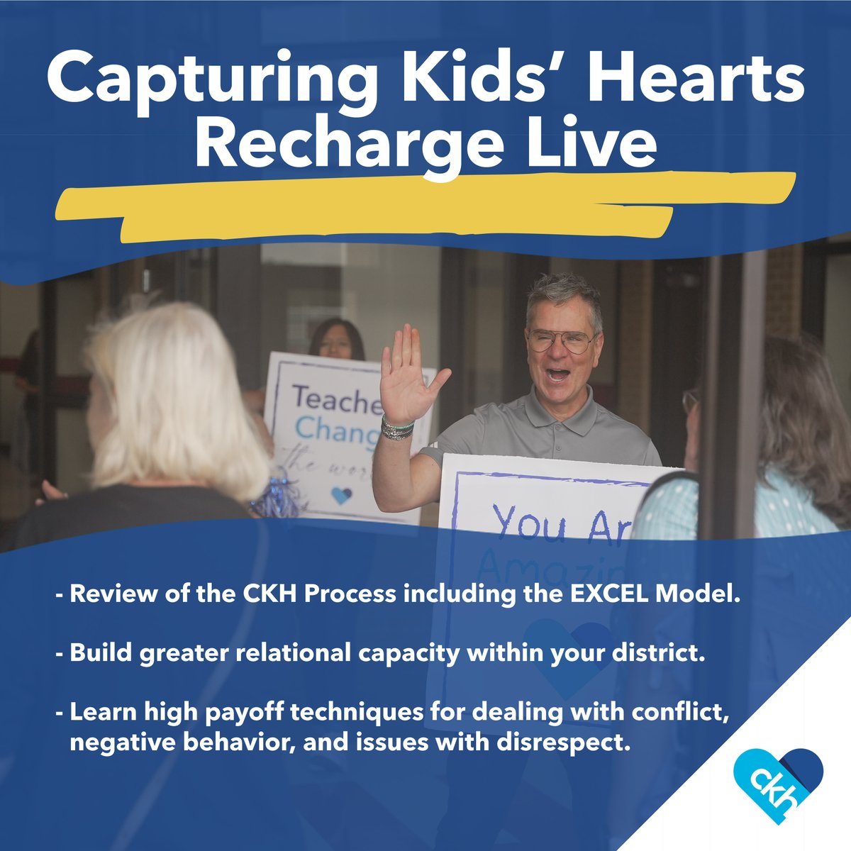 Capturing Kids’ Hearts® Recharge Live is a unique opportunity to recharge your staff in preparation for the start of school. Celebrate every one of the difference makers while delving into the CKH process in an engaging and dynamic educational setting.