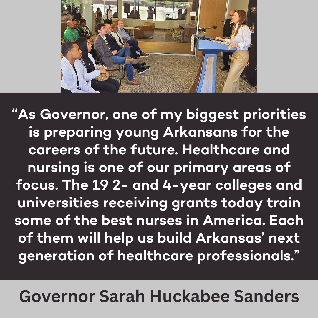 This week Governor @SarahHuckabee Sanders announced training grants to upskill nursing professionals, expand nursing apprenticeship programs, and increase nurse educator recruitment and retention. Learn more: governor.arkansas.gov/news_post/sand…