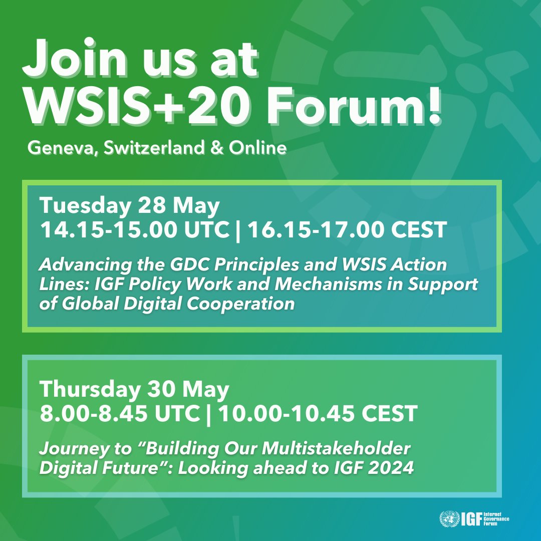 We'll be hosting two sessions at #WSIS! ⚡️JOIN US in person or online on 28 & 30 May for talks on 'Advancing GDC Principles & WSIS Action Lines' and the 'Journey to IGF 2024'⚡️ ✏️Register bit.ly/4ar8Y0D 🗓️WSIS Agenda bit.ly/3wD20HW