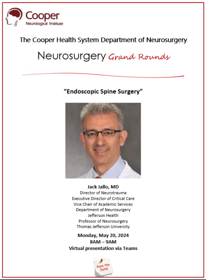 Join us for Neurosurgery Grand Rounds on May 20, 2024, as @JackJalloMD  explores 'Endoscopic Spine Surgery' Delve into the future of neurosurgery with us. Don't miss out! #neurosurgery #spinesurgery #surgery #neurosurgeon #neuroscience Teams link:teams.microsoft.com/l/meetup-join/…