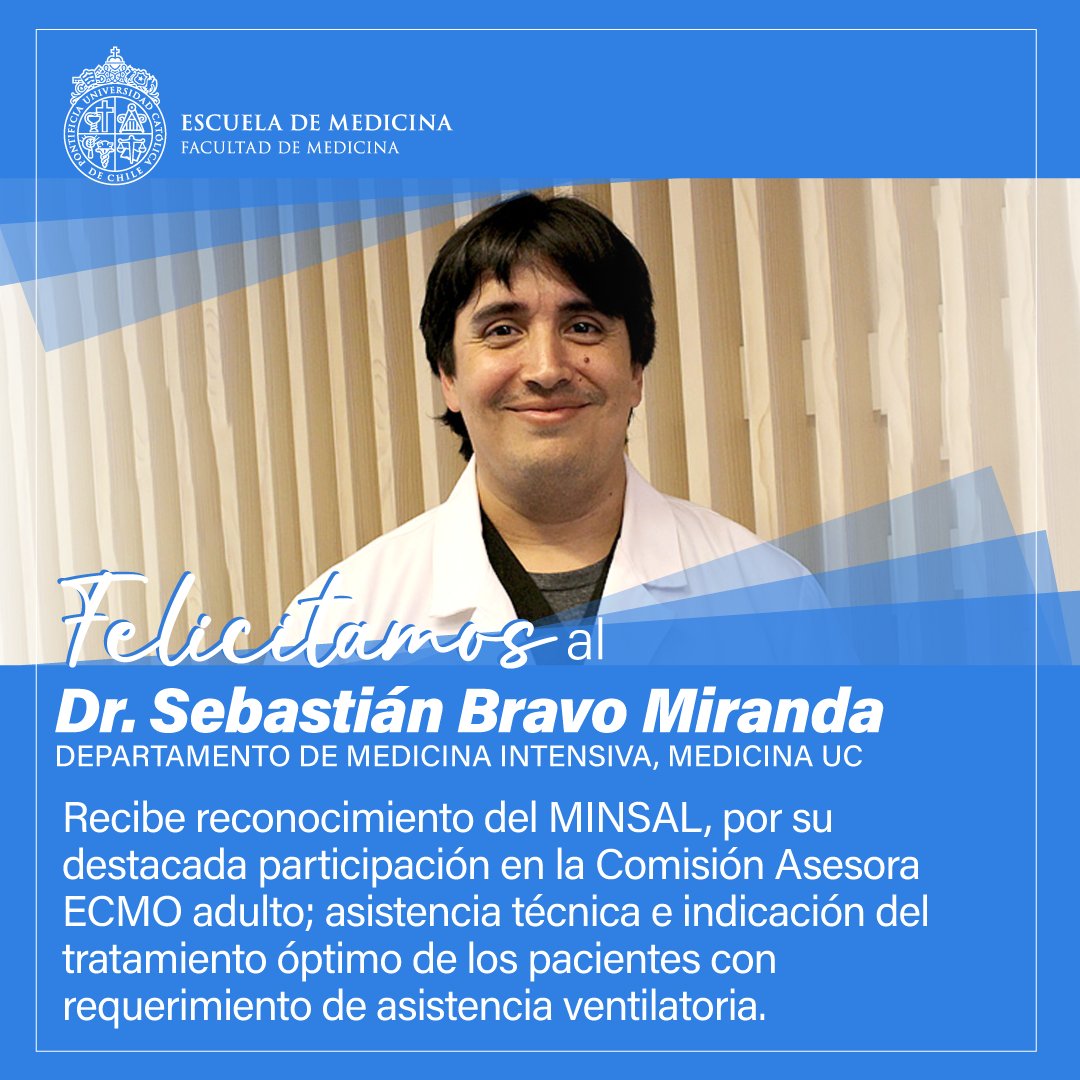 Facultad Medicina UC (@facmedicinauc) on Twitter photo Felicitamos al Dr. Sebastián Bravo Miranda del Departamento de Medicina Intensiva de la Escuela de Medicina UC, por el reconocimiento otorgado por el Ministerio de Salud de Chile.
<a href="/ucatolica/">Universidad Católica</a> Felicitamos al Dr. Sebastián Bravo Miranda del Departamento de Medicina Intensiva de la Escuela de Medicina UC, por el reconocimiento otorgado por el Ministerio de Salud de Chile.
<a href="/ucatolica/">Universidad Católica</a>