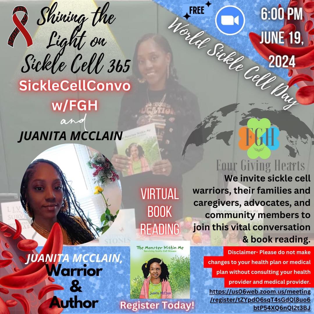 us06web.zoom.us/meeting/regist…

Focusing on 1. Health, 2. Family, 3. Education, and 4. Community! We foster “for” giving hearts and responsible citizenship. #FGH #fourgivinghearts #sicklecelldisease #sicklecelltrait #sicklecellwarriors #sicklecell #sicklecelladvocacy