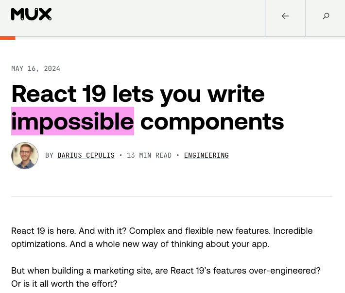 📜 React 19 lets you write impossible components Another great article from @darius_cepulis The infinite changelog example at the end is pretty cool! mux.com/blog/react-19-…