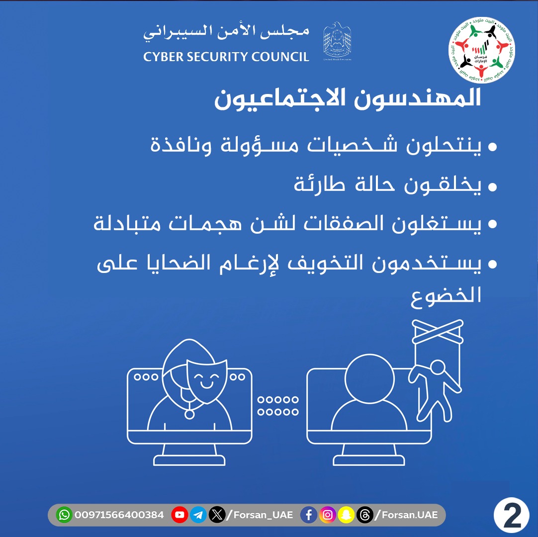 Forsan_UAE's tweet photo. #الهندسة_الاجتماعية تكتيك احتيالي يستخدمه المخترقون لاستغلال الضعف البشري، وتعد رسائل التصيد الاحتيالي واختلاق سيناريوهات للحصول على معلومات شخصية أبرز هجماتها الشائعة
#مجلس_الأمن_السيبراني #أمان_المعلومات
#SocialEngineering
#SocialEngineeringAwareness
#cybersecuritycouncil https://t.co/mix743Wso6