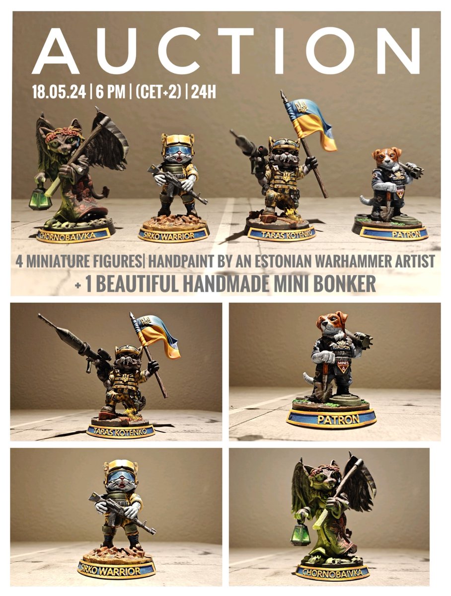 📢 Auction 📢 Saturday 18.05.2024 | 6PM (CET+2) | ⏱️24h In favor of @Kartul_girl's 🛺Buggy fundraising you have the chance to 🔨 bid for 5 small works of art. 1x handmade Mini Bonker 4x hand-painted Mini figures (32-64mm) Patron | Taras Kotenko | Sirko Warrior | Chornobaivka