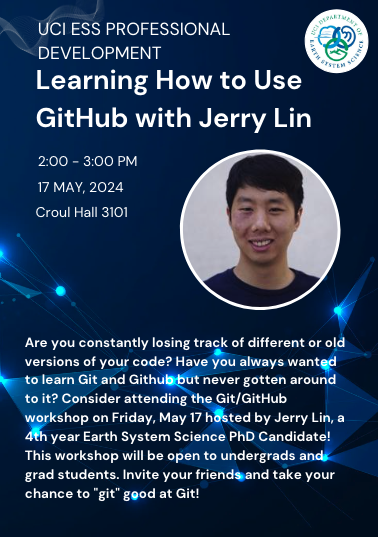 uciess's tweet image. Don&apos;t miss this opportunity to learn about GitHub with Jerry Lin today! 
Join us from 2:00 - 3:00 PM in Croul Hall 3101 for a hands-on workshop. 
Open to all undergraduates and grad students. #uciess