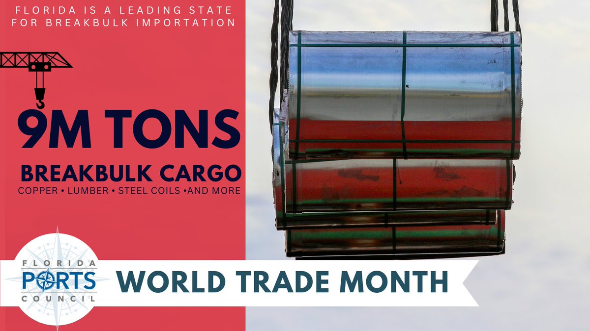 Florida is a leading state for breakbulk imports like copper, lumber and the steel coils seen here. In fact, Florida handled 9 million tons of breakbulk cargo in 2023. During #WorldTradeMonth, #SeasTheOpportunities with Florida’s system of seaports.