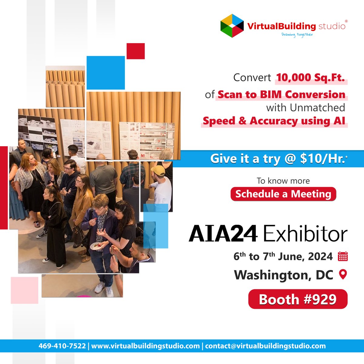 Only 20 days left until AIA'24! 🎉
Join us on June 6th & 7th at Booth #929 in Washington DC. Discover the power of our lightning-fast Scan to BIM Service for just $10/Hr, driven by unbeatable speed and accuracy through AI.
Schedule a meeting:  bit.ly/3Uvju0F
#AIA2024