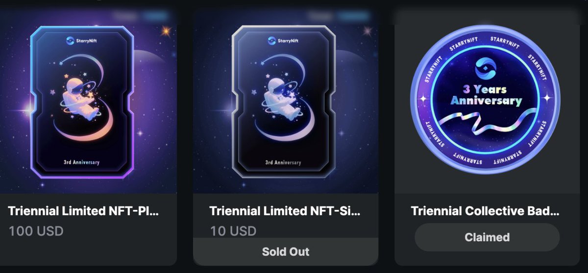 StarryNift NFT Triennial Collective Badge SBT

➡️ Link mint : starrynift.art/mall

➡️ Sẽ có 3 loại NFT @StarryNift  cho mint nhân kỷ niệm 3 năm thành lập dự án :

1/ NFT Triennial Collective Badge SBT : Ai cũng mint dc free mint

2/ Triennial Collective Badge SBT -