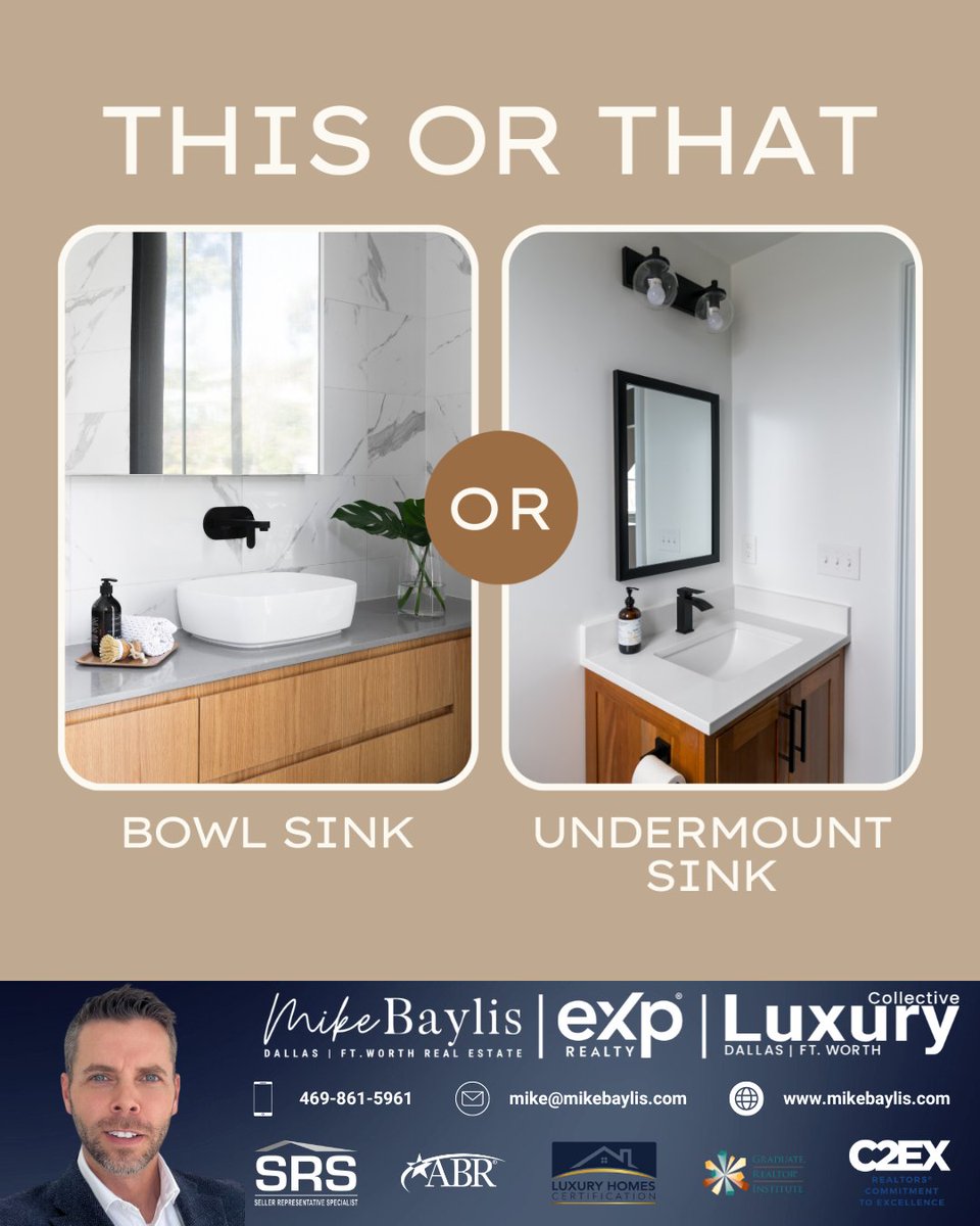 Transform your bathroom with the perfect sink: bold bowl for a statement or seamless under-mount for timeless elegance. What's your choice? 

#bathroomdesign #luxuryliving #homespa #contemporarydesign #timelessstyle #luxuryagent #listingagent #eXprealty #expluxury #northdallas