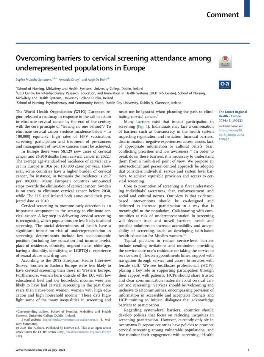 Sara Dada (@dadasara3) on Twitter photo 🚨New commentary in <a href="/LancetRH_Europe/">The Lancet Reg Health-Europe</a> 🚨
<a href="/smulcahysymmons/">Sophie Mulcahy Symmons</a> <a href="/druryal/">Amanda Drury</a> and @aoife_db describe the individual, service and system-level barriers to #Cervical #Cancer screening for #underrepresented populations in Europe 🌍
Read more ➡️ sciencedirect.com/science/articl… 🚨New commentary in <a href="/LancetRH_Europe/">The Lancet Reg Health-Europe</a> 🚨
<a href="/smulcahysymmons/">Sophie Mulcahy Symmons</a> <a href="/druryal/">Amanda Drury</a> and @aoife_db describe the individual, service and system-level barriers to #Cervical #Cancer screening for #underrepresented populations in Europe 🌍
Read more ➡️ sciencedirect.com/science/articl…