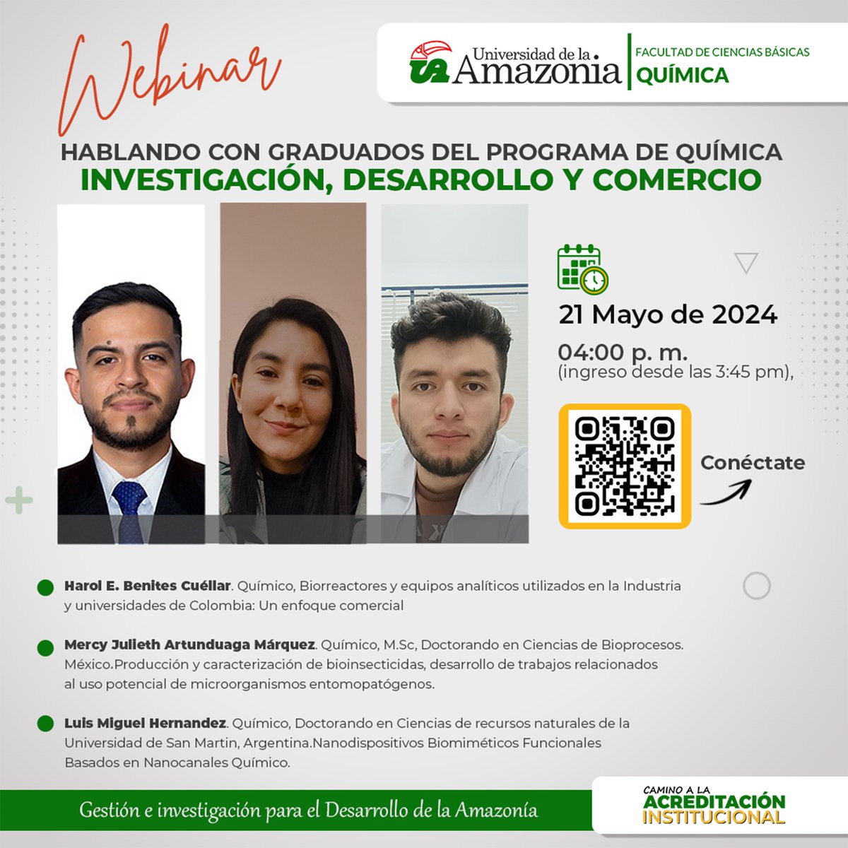 ¡En contacto con ellos! ¡Únete a nuestro webinar exclusivo con graduados del programa de Química de la Amazonia! Descubre sus increíbles aportes en investigación, desarrollo y comercio. ¡No te lo pierdas! 🧏 #GestiónEInvestigaciónParaElDesarrolloDeLaAmazonía