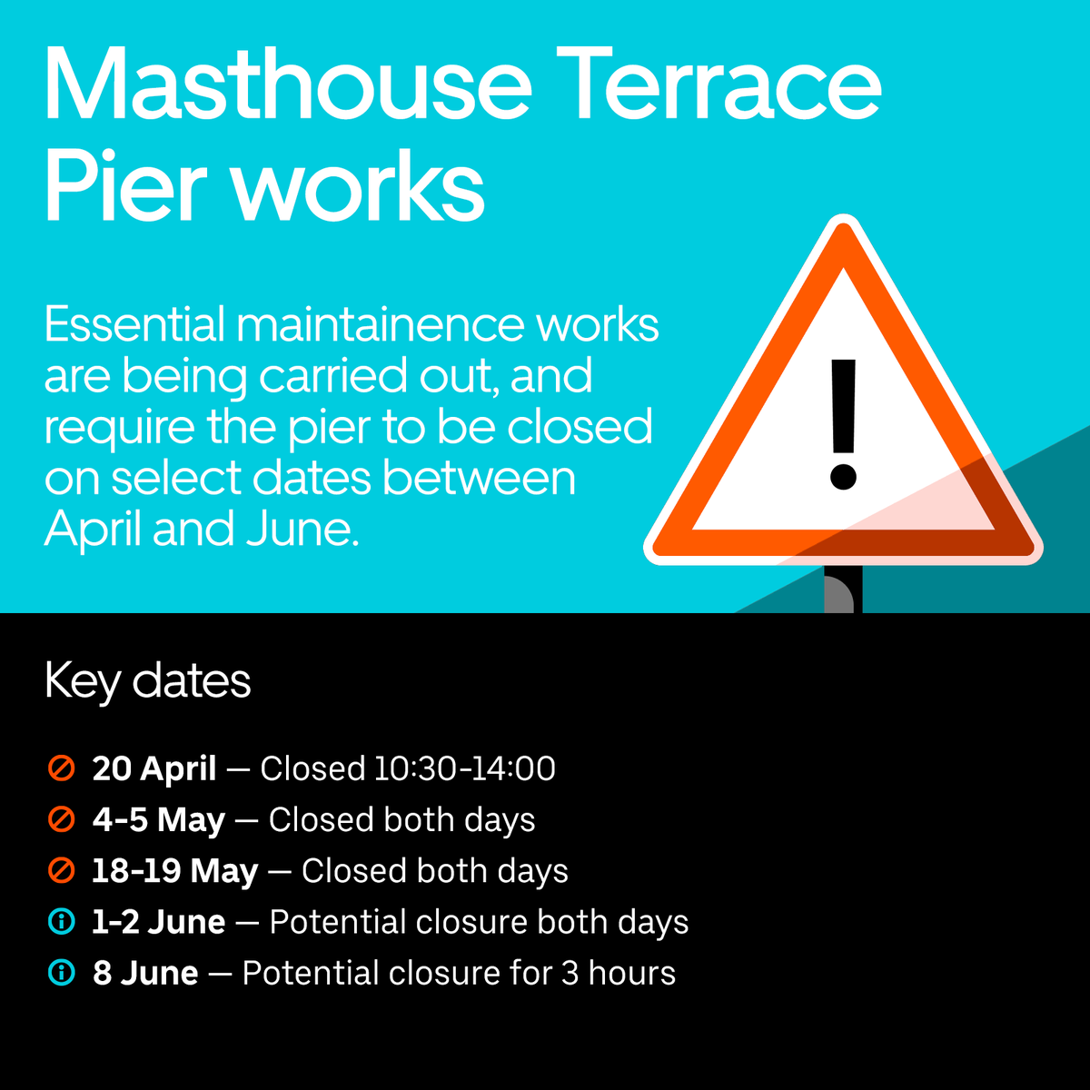 🚧 Masthouse Terrace Pier: essential works 🚧 @LondonPortAuth will undertake essential works on the pier on the 17th & 18th May 2024 with planned closures. Plan your journey accordingly with closure details at thamesclippers.com/service-alerts