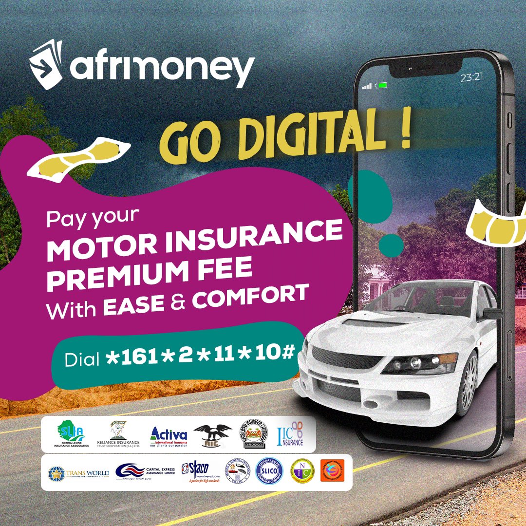 Afrimoney Don Make Am Easy For Yu. Yu Nor Need For Send Agent or Go Na the Office❗️ Go digital with #Afrimoney and pay your Motor Insurance Premium Fee 🚗 with ease and comfort😌💜. Dial *161*2*11*10# now and pay with #NoSonkorSonkor😉. T&C Apply. #SaloneTwitter #SaloneX