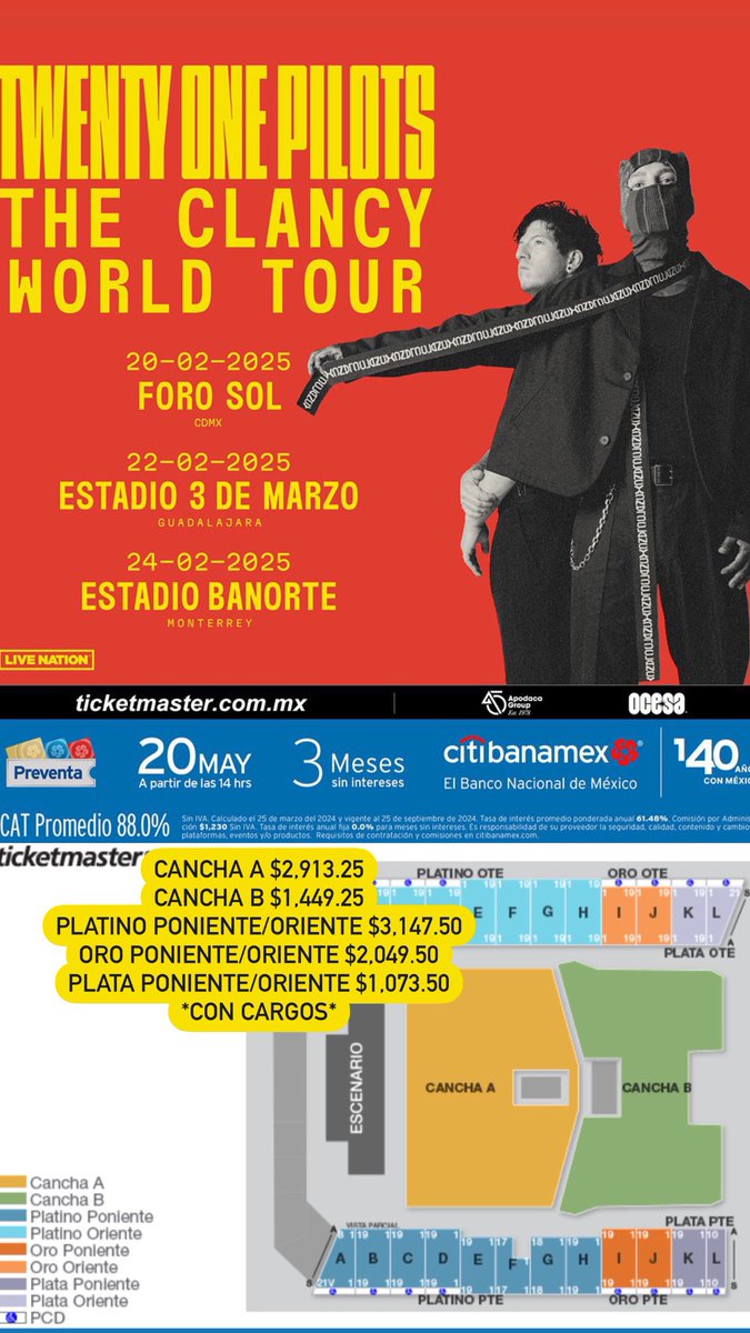 💳 Pre-Preventa Citibanamex Priority 💳 Ø Twenty One Pilots Ø 🇲🇽 The Clancy World Tour México 🇲🇽 🗓️ 20 de Febrero del 2025 🗓️ 🏟️ Foro Sol 🏟️ 📍 CDMX 📍 Link: bit.ly/44Meh9s 🗓️ 22 de Febrero del 2025 🗓️ 🏟️ Estadio 3 de Marzo 🏟️ 📍 Guadalajara, Jalisco📍 Link: