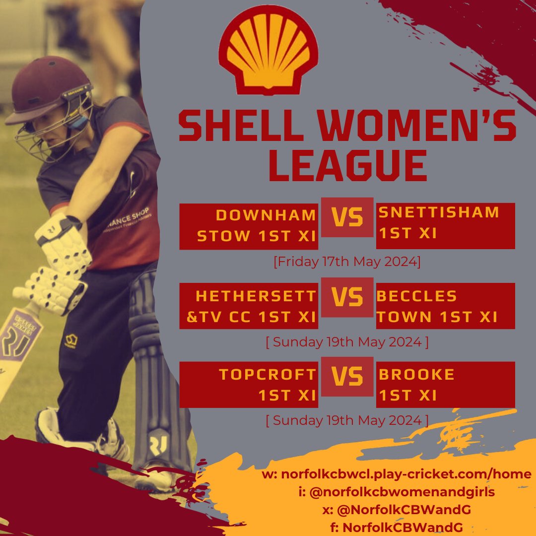 Norfolk Cricket Foundation - Women & Girls (@norfolkcbwandg) on Twitter photo 🏏Shell Women's League 2024 - First Weekend🏏
Our Shell Women's Hardball League kicks off tonight with
▪️ <a href="/DownhamStowCC/">Downham Stow Cricket Club</a> v <a href="/snettishamcc/">Snettisham CC</a>
Followed by two matches on Sunday
▪️ <a href="/htvcc/">Hethersett and Tas Valley Cricket Club</a> v <a href="/BecclesTownCC/">Beccles Town CC</a>
▪️ <a href="/topcroftccwg/">Topcroftwgcc</a> v <a href="/BrookeLadies/">BrookeLadiesCricket</a>
#WomensCricket #ShellLeague #NorfolkCricket 🏏Shell Women's League 2024 - First Weekend🏏
Our Shell Women's Hardball League kicks off tonight with
▪️ <a href="/DownhamStowCC/">Downham Stow Cricket Club</a> v <a href="/snettishamcc/">Snettisham CC</a>
Followed by two matches on Sunday
▪️ <a href="/htvcc/">Hethersett and Tas Valley Cricket Club</a> v <a href="/BecclesTownCC/">Beccles Town CC</a>
▪️ <a href="/topcroftccwg/">Topcroftwgcc</a> v <a href="/BrookeLadies/">BrookeLadiesCricket</a>
#WomensCricket #ShellLeague #NorfolkCricket