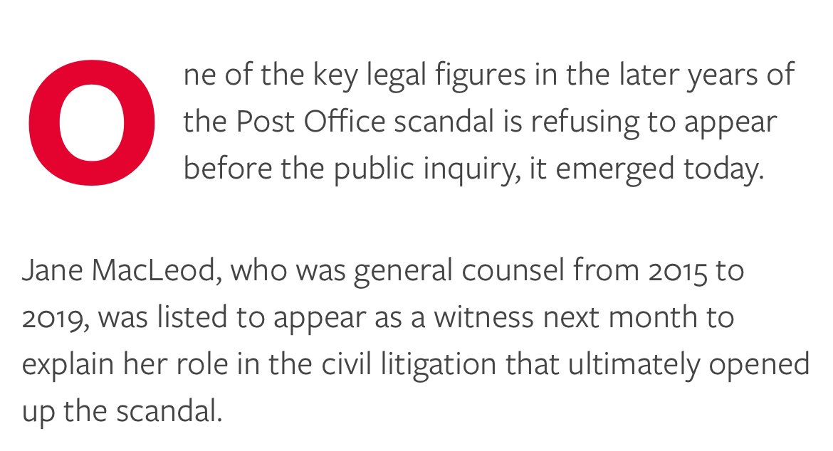 I’ve lost the ability to be shocked by the behaviour of Post Office lawyers. Their former head of legal said earlier this year couldn’t comment whilst the inquiry was ongoing but was assisting it. Now she’s refusing to appear before the inquiry.