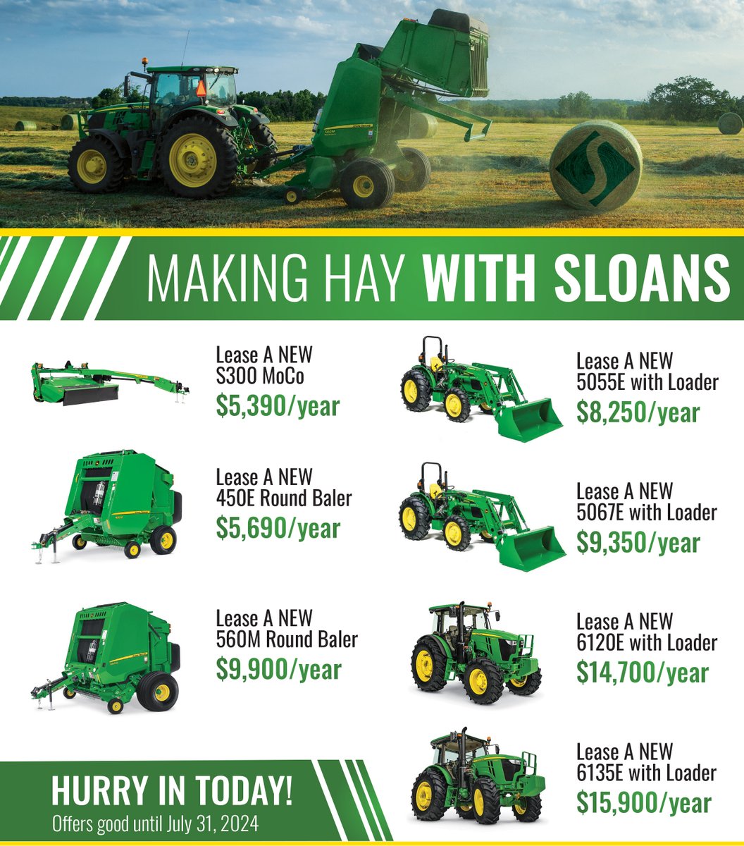 NEW Hay & Utility Tractor Leases from Sloans! Contact your nearest Sloan Implement Salesperson for more details. View all Mid-Tractor & Hay Equipment at sloans.com/catalog/new-jo… ----- #sloanimplement #johndeere #deere #hayseason #sloans #roundbaler #moco #utilitytractor