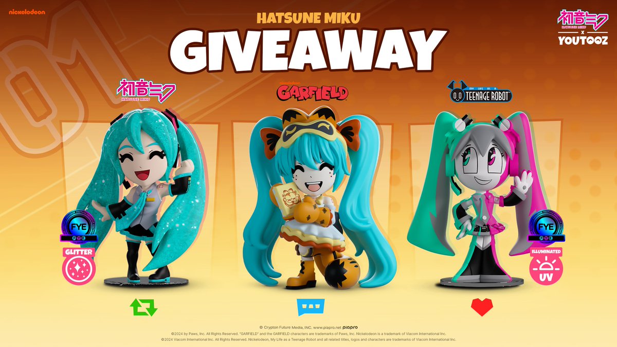 hatsune miku giveaway 💙 to enter 👇 🔁 retweet for fye's exclusive glitter miku ✍️ comment GARFIELD MIKU for garfield miku ❤️ like for fye's exclusive illuminated jenny miku 3 winners for each announced may 24th 🍝