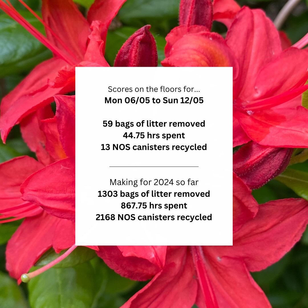 Scores on the floors for Monday 06/05 to Sunday 12/05 are as follows 59 bags of litter removed 44.75 hrs spent 13 NOS canisters recycled Making for 2024 so far 1303 bags of litter removed 867.75 hrs spent 2168 NOS canisters recycled