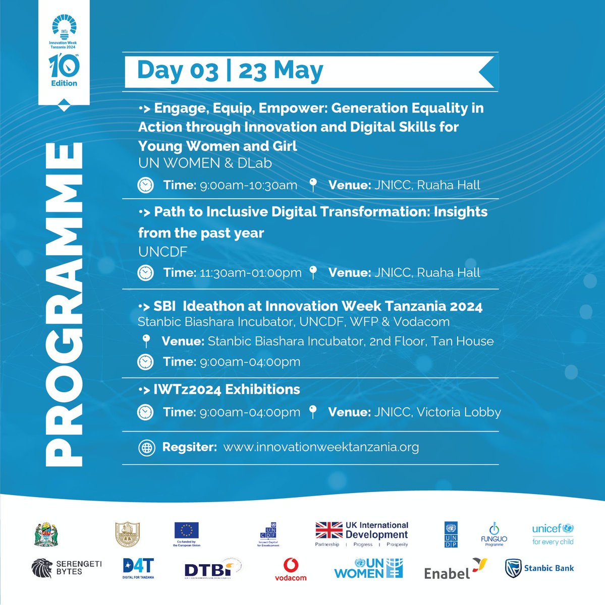 On Day 3 of #IWT24 'Engage, Equip, Empower: Innovation & Digital Skills for Young Women' with @unwomen & @dlab and 'Inclusive Digital Transformation: Insights from the Past Year' with @uncdf & SBI Ideathon by @stanbicbank, @uncdf, @worldfoodprogramme, & @vodacomtanzania.