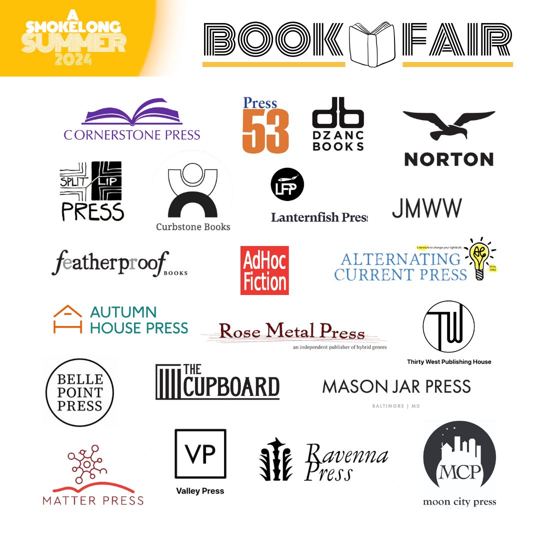 New for #ASmokeLongSummer this year, we're very excited to be hosting a Virtual Book Fair with over 20 small presses! Look at that line-up! We've been recording some fascinating interviews, and there'll be a live panel discussion and amazing book discounts smokelong.com/celebrating-sm…