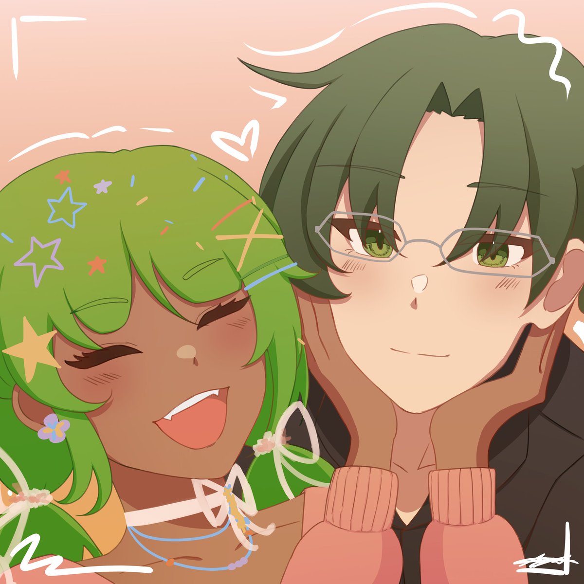 #KEIRIA 

🎀: hurry up, the camera's about to shoot! 
🪷: i know-- why do you have your hands like that?
🎀: you're supposed to put your face in it!!
🪷: like this? *places his chin atop her palms*

art by Aoyang Rizu / <a href="/SenaTsuki_/">Azu 🎵📷 | COMMS OPEN!!</a>