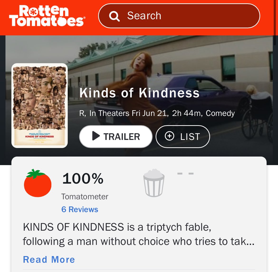 Yorgos Lanthimos’ KINDS OF KINDNESS debuts with 100% on Rotten Tomatoes.