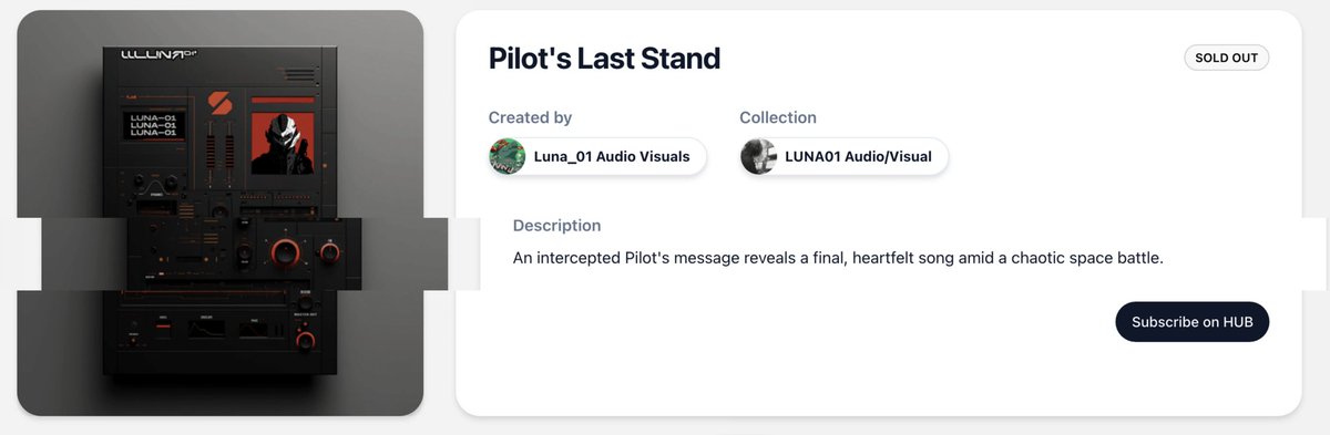 Luna01 - Pilot's Last Stand🎶

A multi medium audio visual that was intercepted in space battle. 

The Pilot sent their last message, hoping YOU get to hear what they wanted to the world to know.

👇 listed on @AccessProtocol 🔵

#Apcreator
#AccessProtocol