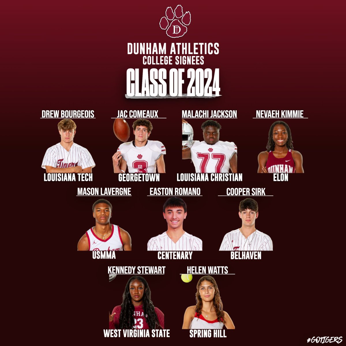 🎓 CLASS OF 2024 🎓

CONGRATULATIONS to all of our Class of 2024 athletes on exemplifying leadership and hard work over the last four years! This class exemplified what it means to be a Dunham Tiger on and off the field/court, and we could not be more proud! As their chapter at