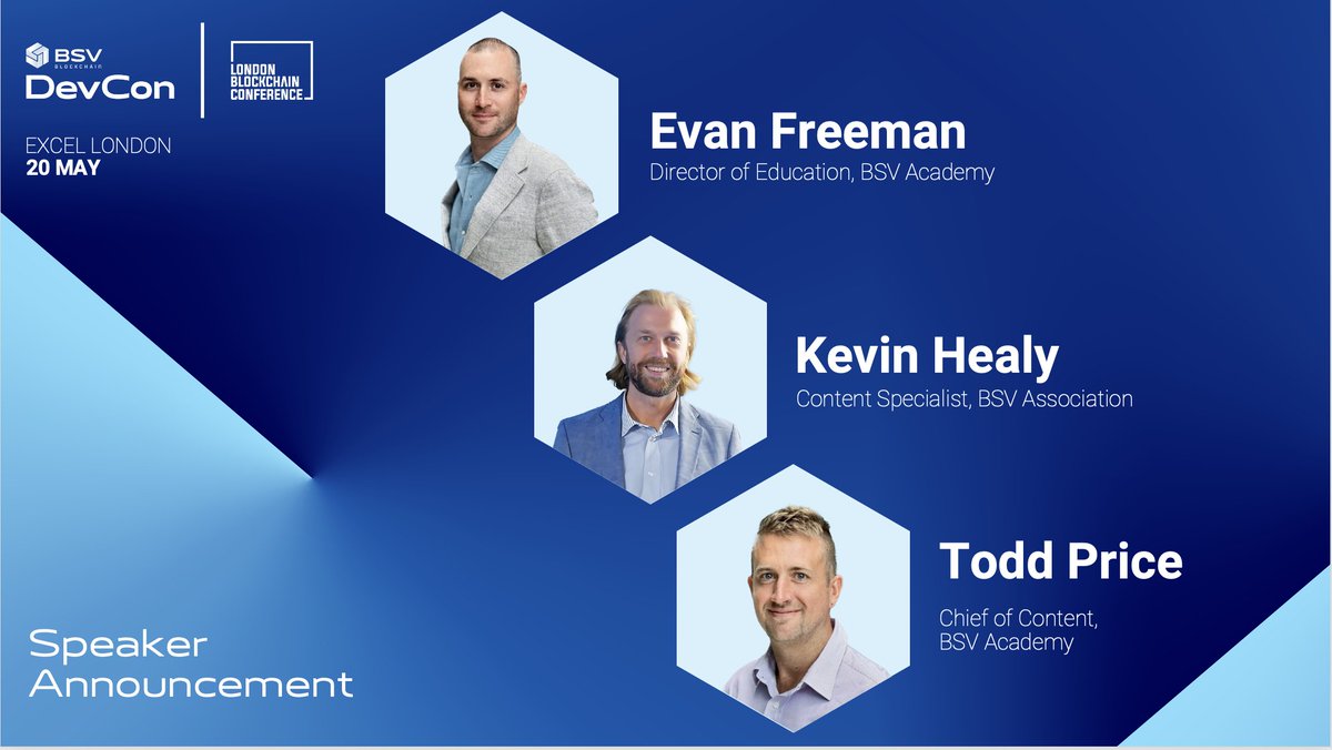 📣 #BSVinAction! Explore the Developer Courses with BSV Academy heroes Evan Freeman, Kevin Healy, & Todd Price set to speak at #BSVDevCon2024! 📆 May 20, 2024 | 15:45 - 16:15 BST 🎫 Get your tickets now: hubs.la/Q02xzS7g0 @resseactionfree @T_o_d_d_P