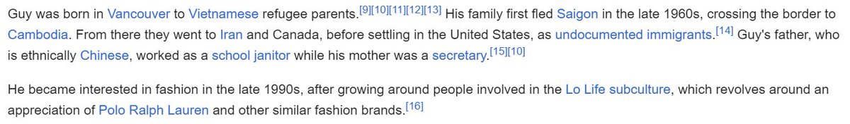 What is the Menswear Guy lore? His parents fled Vietnam after the Tet Offensive, stayed in Iran until the Iranian Revolution, then went to Canada and illegally immigrated to the US? He's also mentioned living in Moscow.