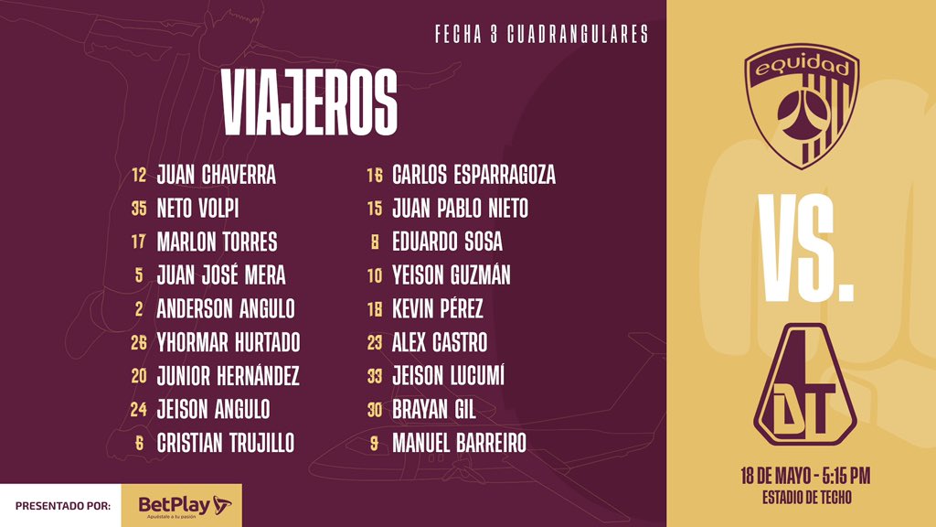 #ConvocadosDT 📋 Presentamos los 18 jugadores convocados para el juego ante @Equidadfutbol el día de mañana en Bogotá. 

¡Vamos EQUIPO! 👊🏽