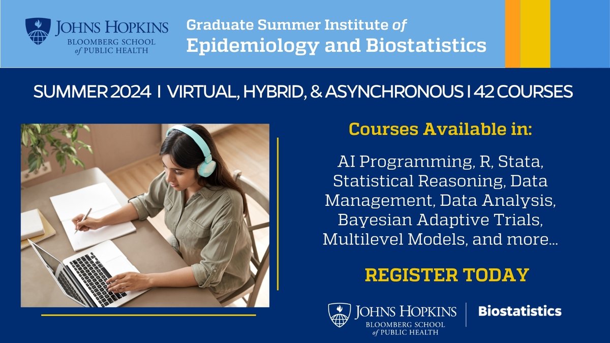 There's still time to sign up for Graduate Summer Institute of @JohnsHopkinsEPI & @jhubiostat classes. Classes are open to @JohnsHopkinsSPH degree and non-degree seeking students. Our courses, which range from half-day to 2-week courses, start in June ➡ publichealth.jhu.edu/academics/grad…