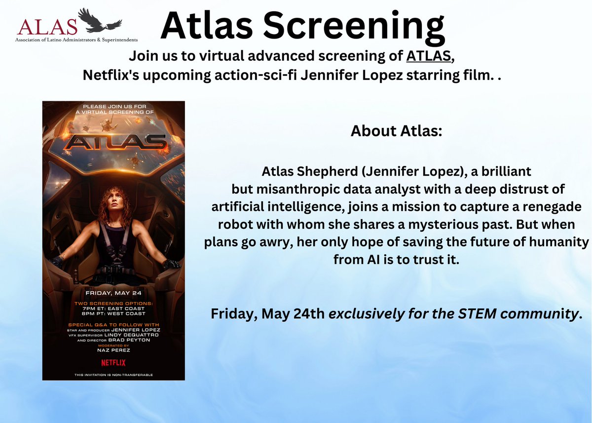ALAS MEMBERS_ Netflix invites you to an advanced virtual screening of THE upcoming sci-fi thriller, ATLAS  on Friday, May 24th exclusively for the STEM community. Please RSVP through this …creening.netflixvirtualscreenings.com/rsvp by May 20th and submit any questions for the panel.