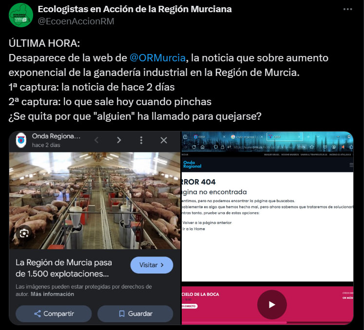 Rectificamos: Parece que nos precipitamos al juzgar el cambio de titular de la noticia. Desde @ORMurcia nos han aclarado que responde a corregir un error en la primera versión, y no a presiones externas. Agradecemos la pronta respuesta La noticia completa: orm.es/noticias-2024/…