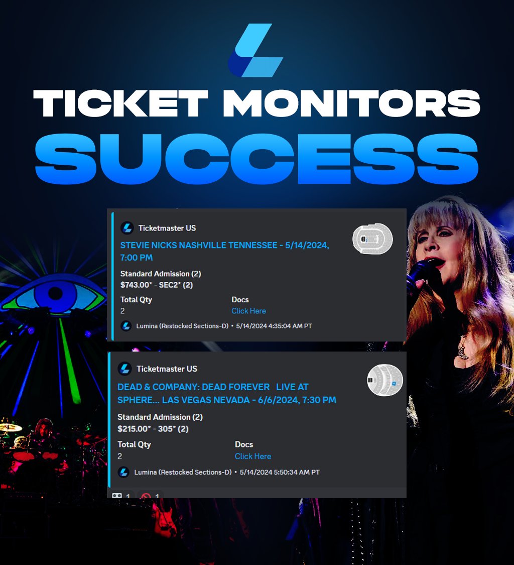 Getting alerted for extremely popular events is a breeze with Lumina. If you want to experience the fastest ticket monitors in the game. Click the link below.

discord.gg/luminamonitors